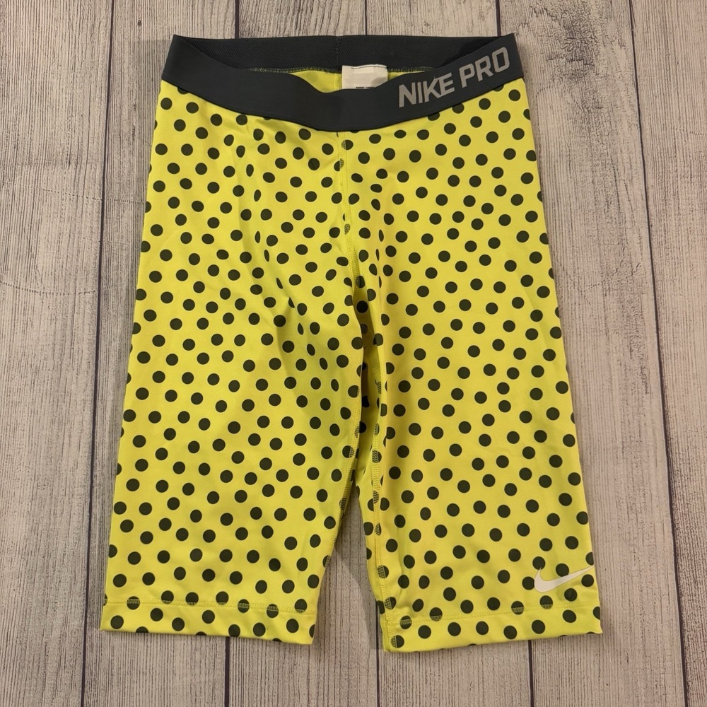 Nike Pro Women's M Yellow Black Polka Dot Compression Bermuda Shorts Dri-FIT